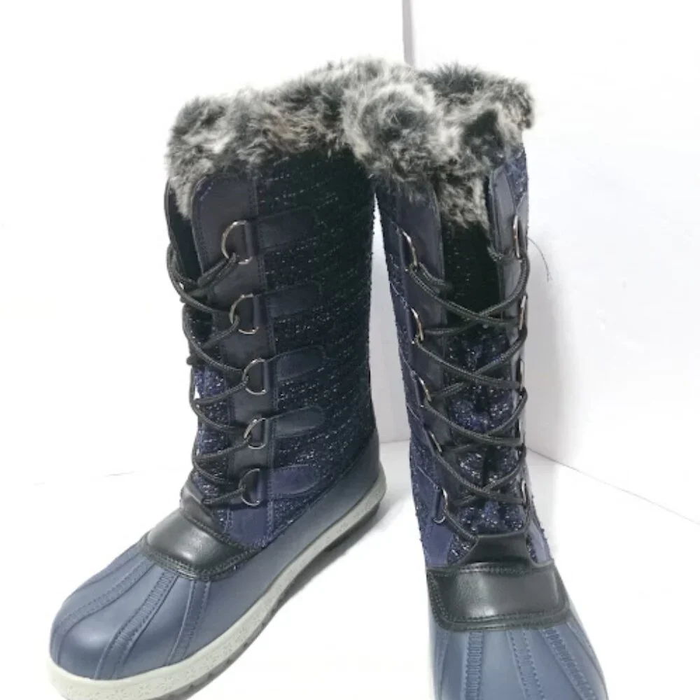 Snow Boots Winter Navy Blue Knit Faux Fur Women's Size 8.5 Mid calf Boots